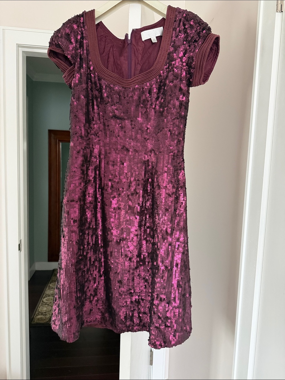BADGLEY MISCHKA Burgundy Red Sequin Cocktail Cup Sleeve Dress Size:4